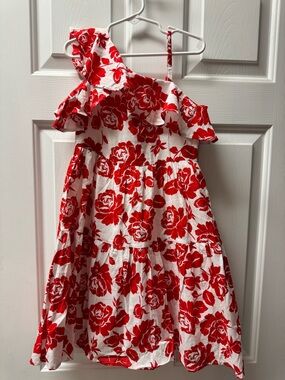 Janie and Jack One Shoulder White Dress, Lined, with Red Floral Print
